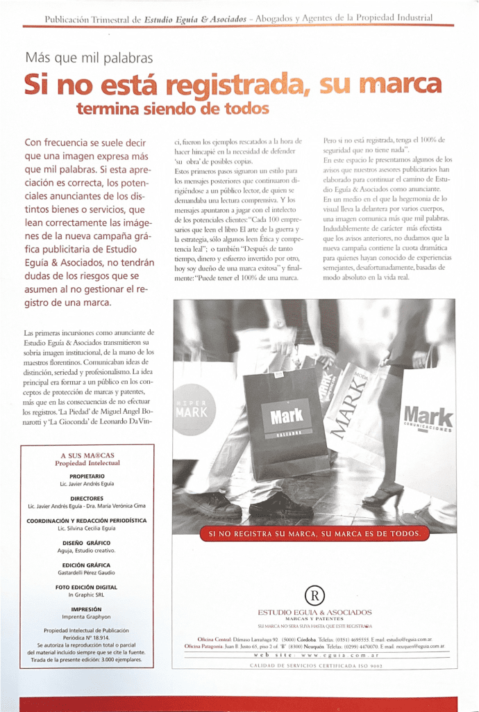 Eguía advertisement: “If your trademark is not registered”